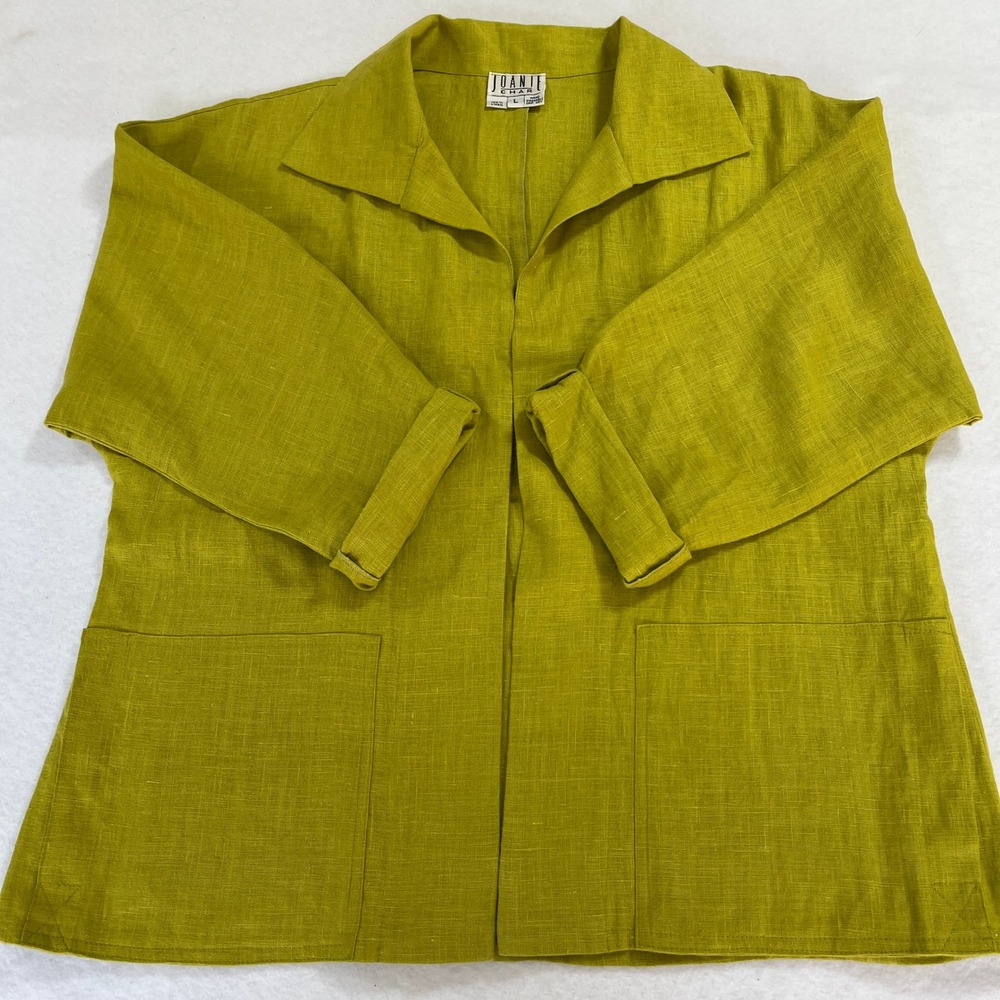 Vintage 80s 90s Joanie Char 100% Linen Chartreuse Green Open Front Jacket Sz L